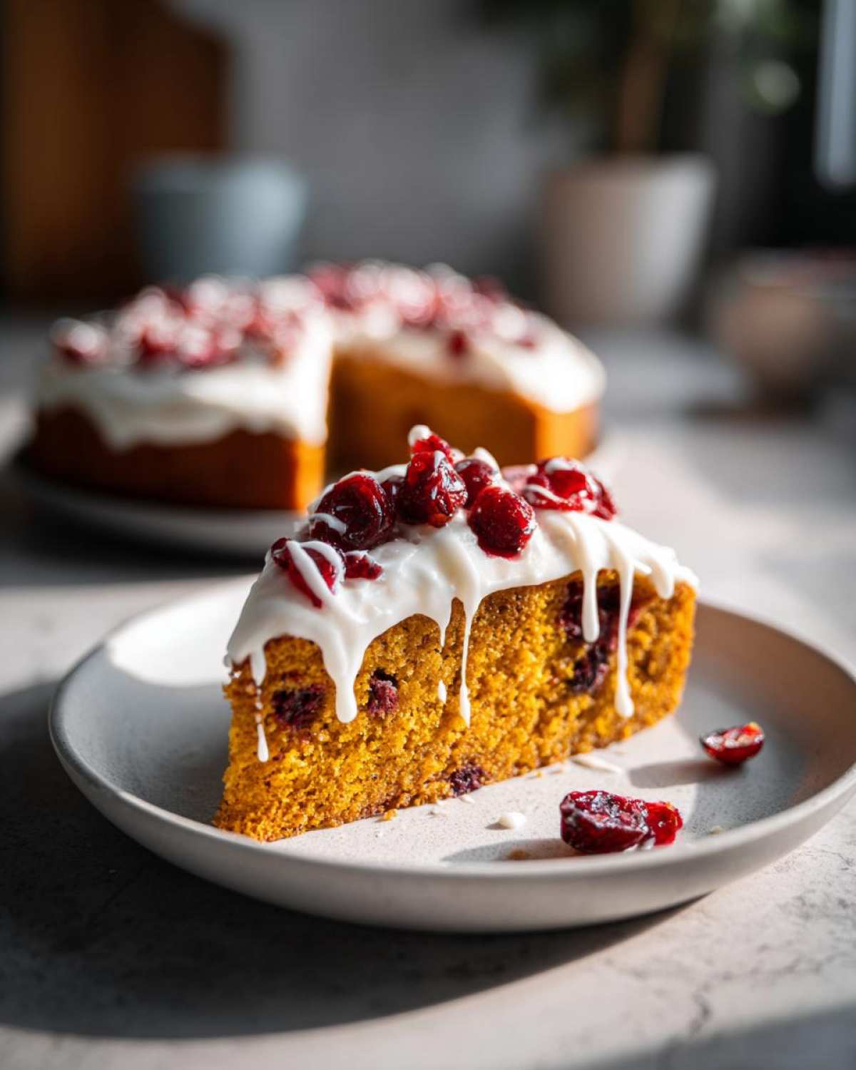 A close-up of a slice of moist Cranberry Bliss Bars topped with white icing and whole cranberries.