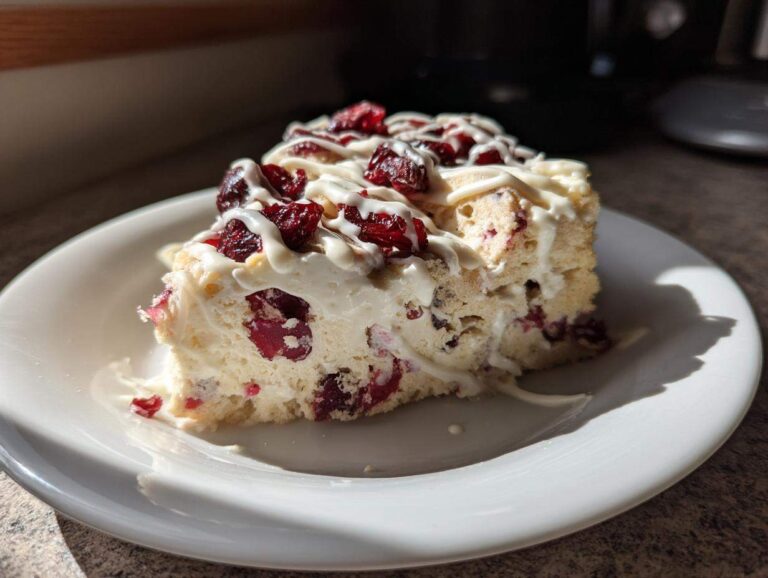 A delicious slice of homemade Cranberry Bliss Bars topped with white icing and dried cranberries.