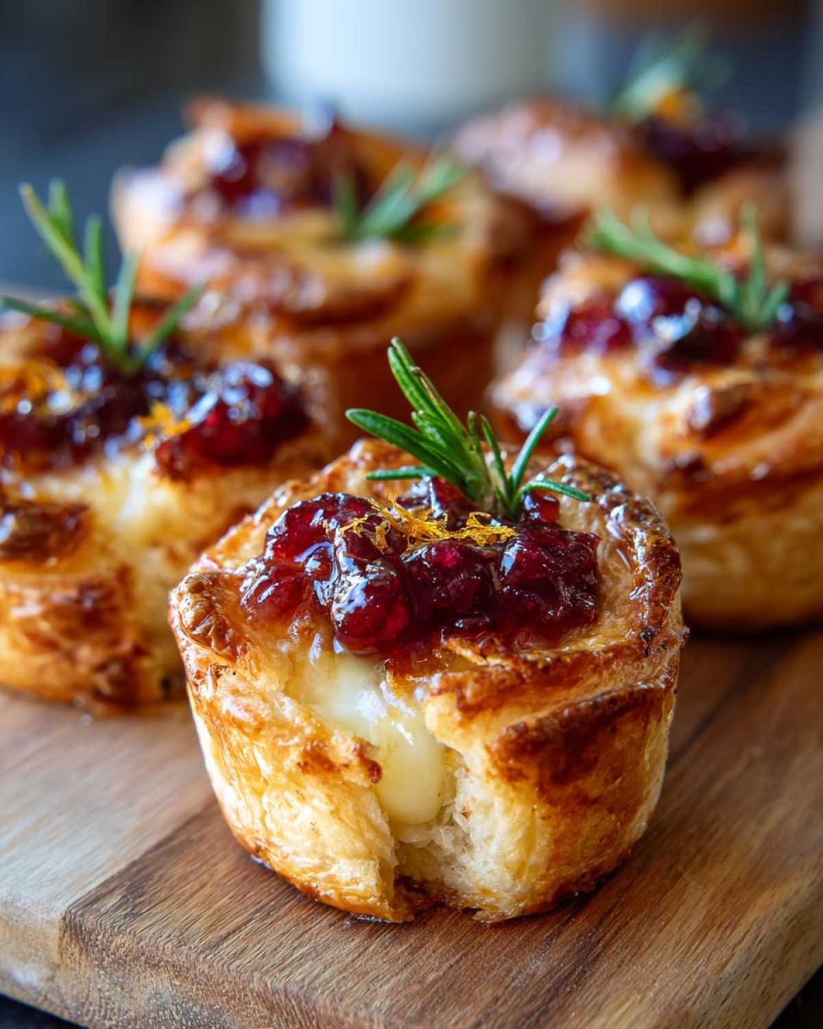 Close-up of golden-brown cranberry brie bites topped with cranberry sauce, orange zest, and fresh rosemary.