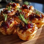 Close-up of golden-brown cranberry brie bites topped with cranberry sauce, crispy bits, and fresh rosemary.