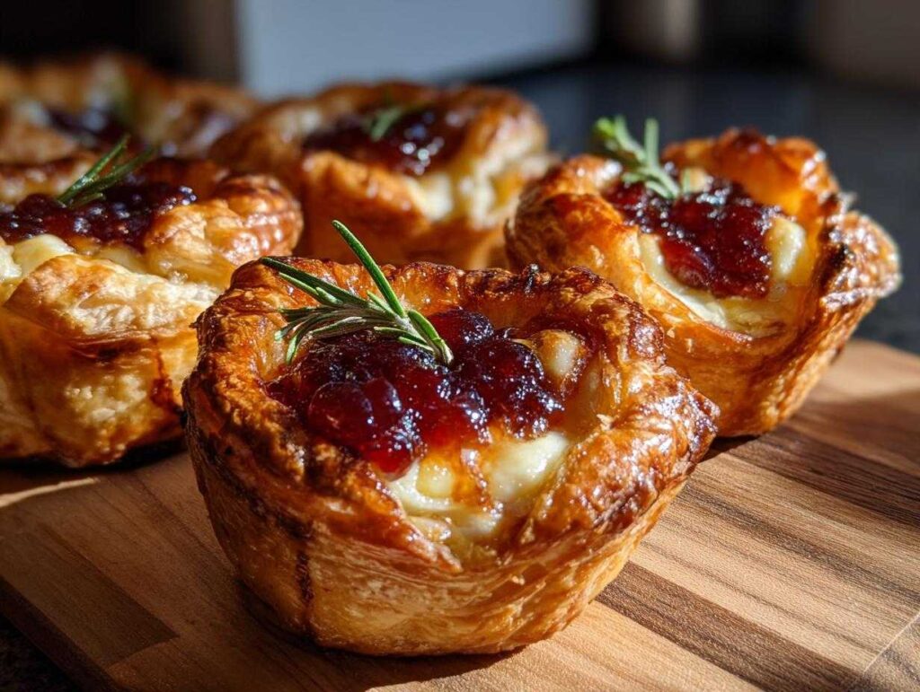 Close-up of golden baked cranberry brie bites topped with cranberry sauce and fresh rosemary.