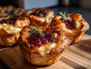 Close-up of golden baked cranberry brie bites topped with cranberry sauce and fresh rosemary.