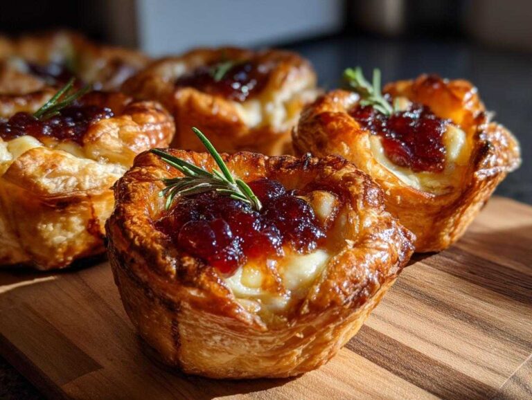 Close-up of golden baked cranberry brie bites topped with cranberry sauce and fresh rosemary.
