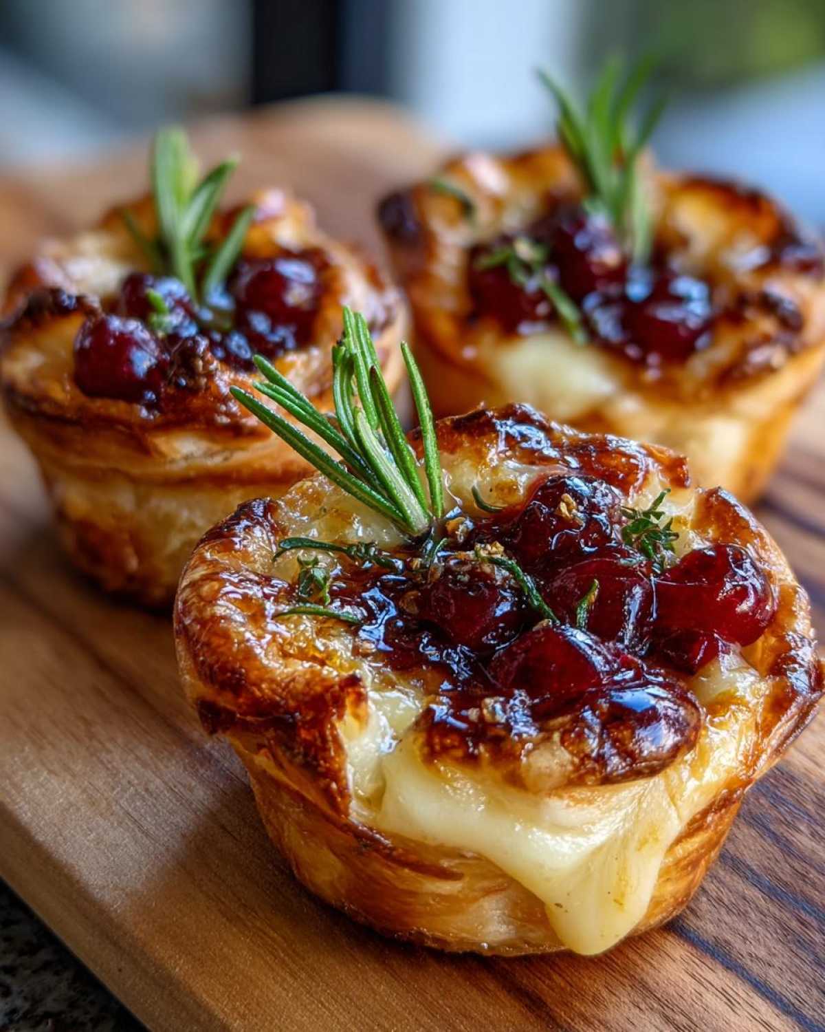 Close-up of three golden-brown cranberry brie bites topped with fresh rosemary on a wooden board.