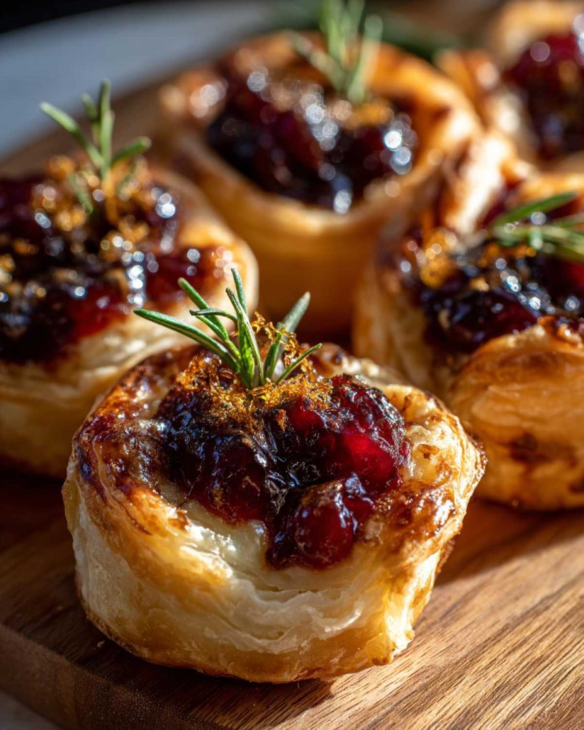 Close-up of golden-brown cranberry brie bites topped with glistening cranberry sauce and fresh rosemary.