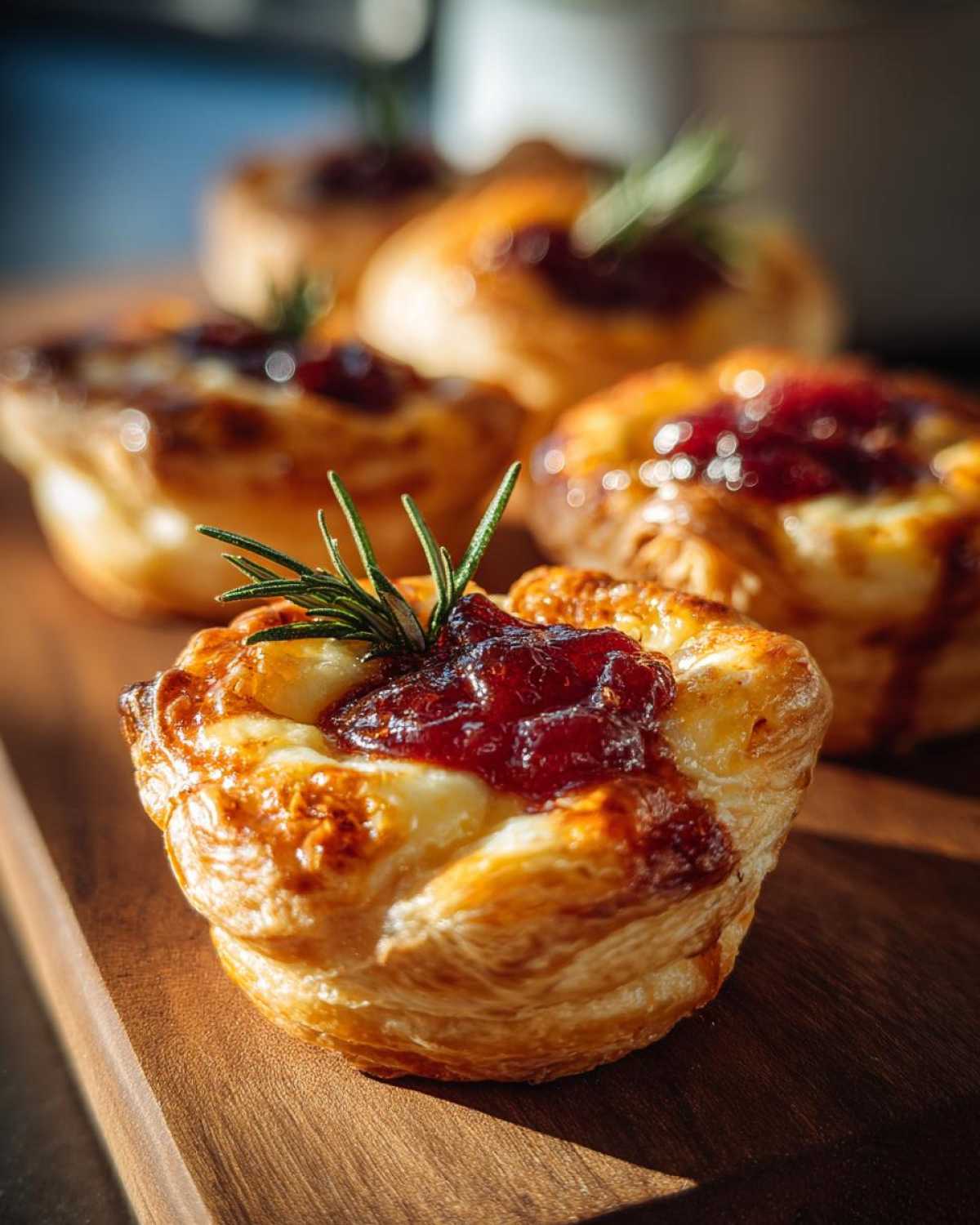 Close-up of golden-brown cranberry brie bites topped with cranberry sauce and a sprig of fresh rosemary.