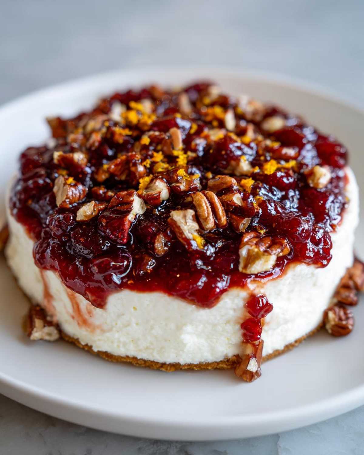 Close-up of a festive cranberry cream cheese dip topped with pecans and orange zest.