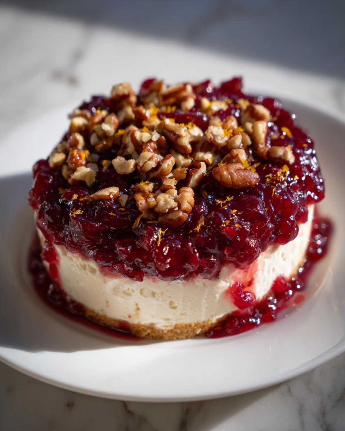 A single serving of cranberry cream cheese dip topped with cranberry sauce and chopped pecans.