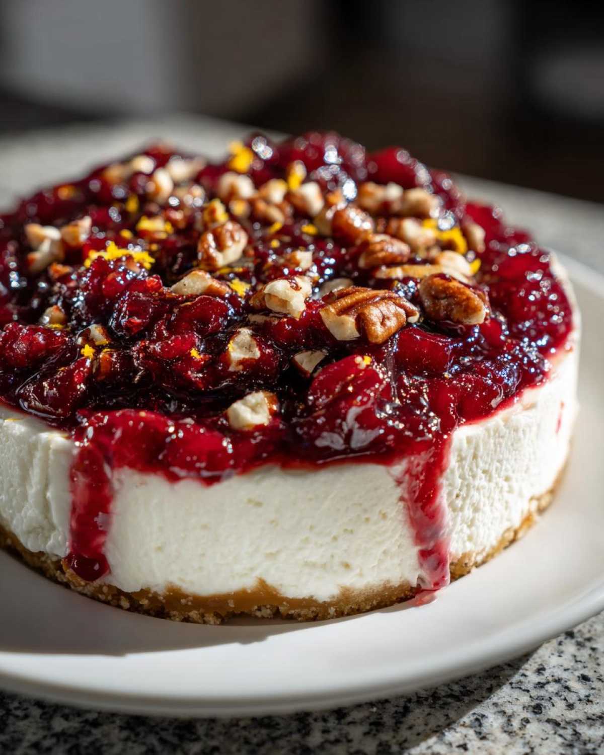 A festive Cranberry Cream Cheese Dip topped with whole cranberries, chopped pecans, and orange zest.