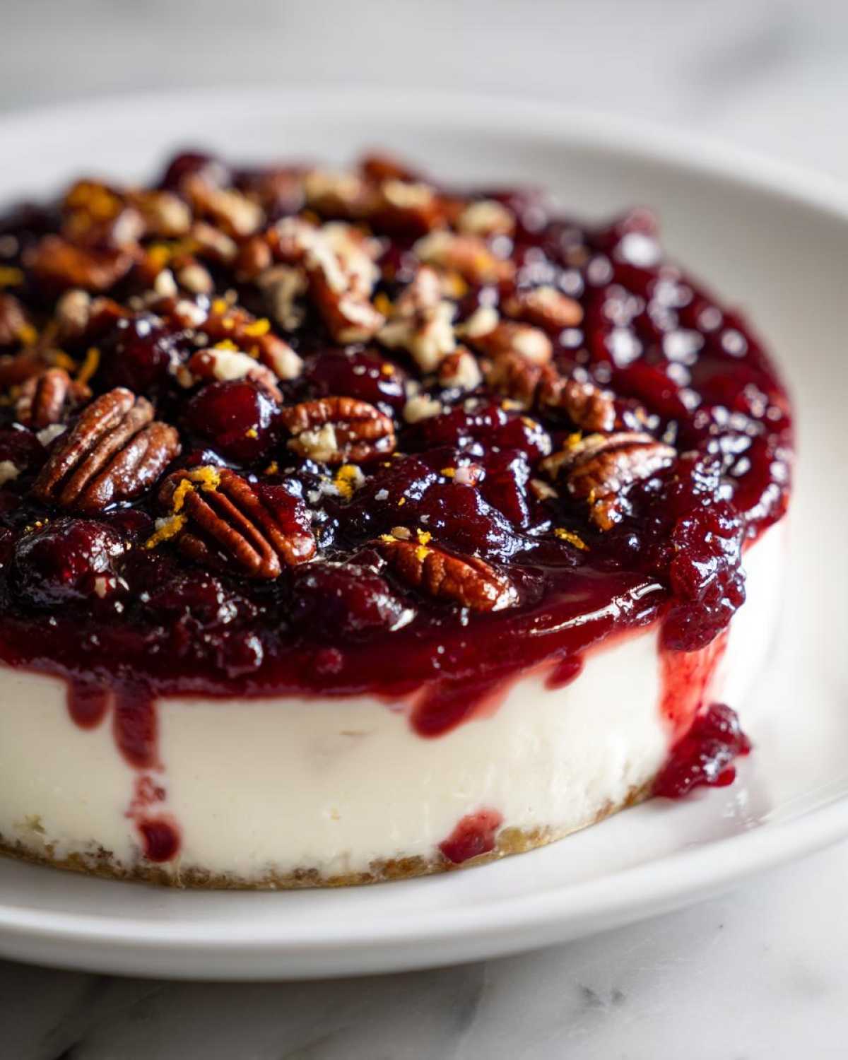 A close-up of a cranberry cream cheese dip topped with pecans and orange zest.