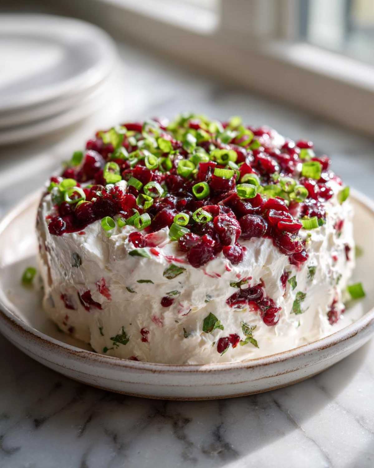 A festive Cranberry Jalapeno Cream Cheese Dip topped with cranberries and green onions.