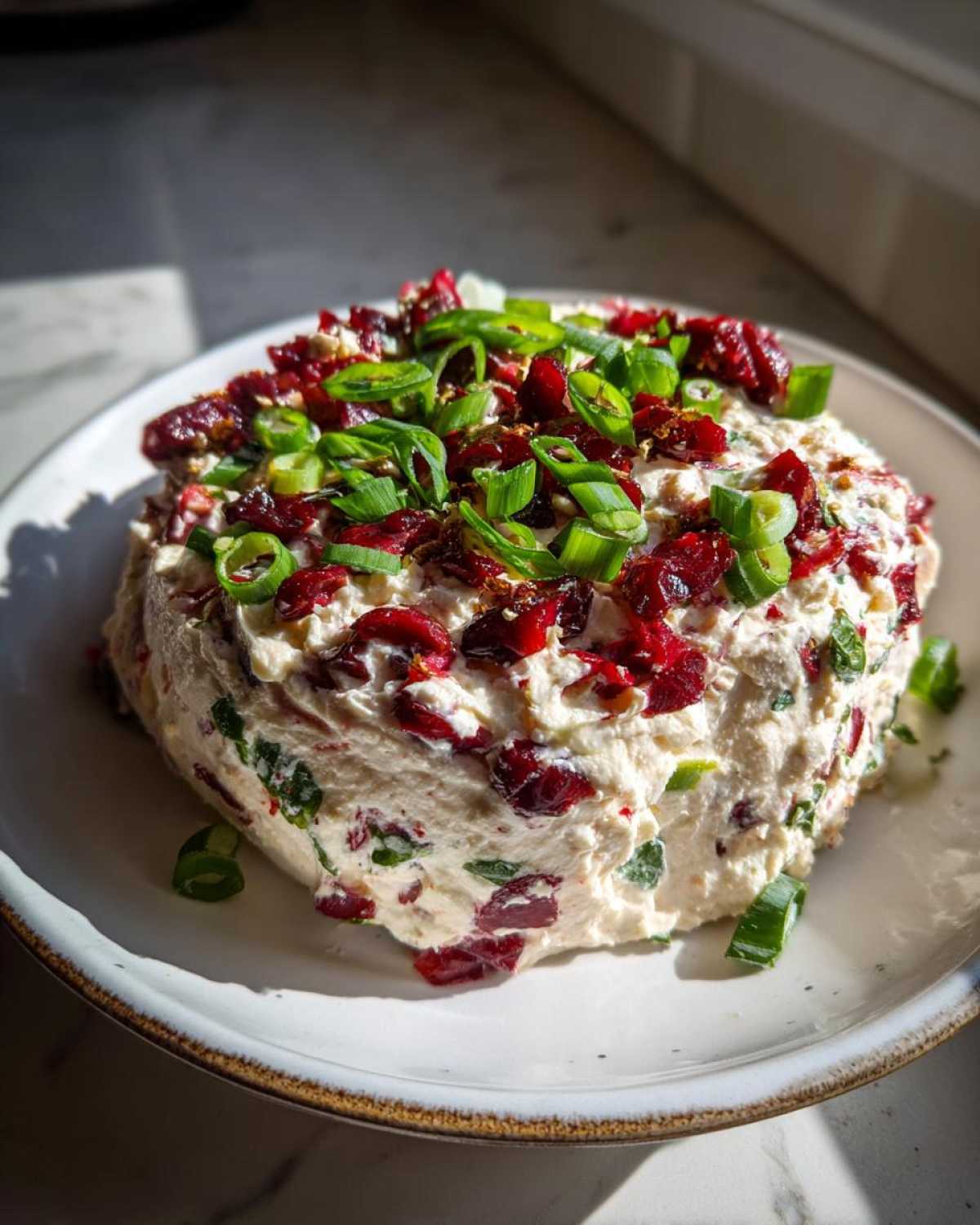 A festive Cranberry Jalapeno Cream Cheese Dip topped with dried cranberries and green onions.
