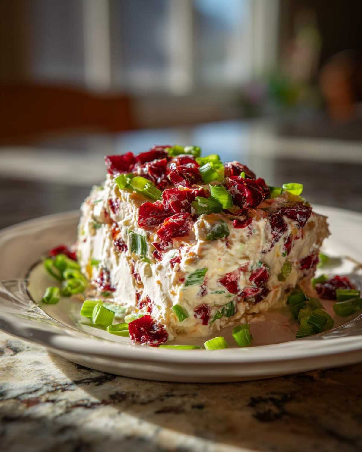 A close-up of a festive Cranberry Jalapeno Cream Cheese Dip topped with dried cranberries and green onions.