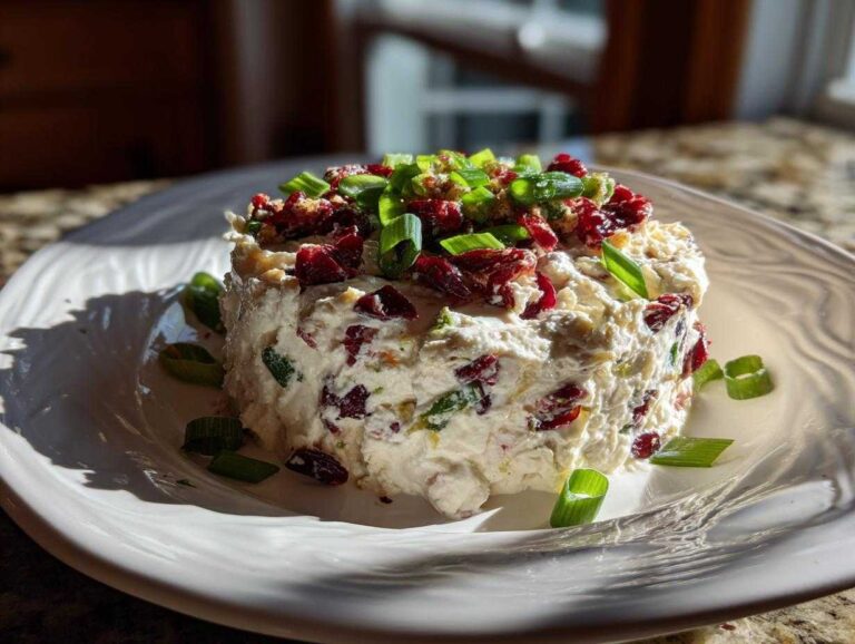 A mound of Cranberry Jalapeno Cream Cheese Dip topped with dried cranberries and green onions.