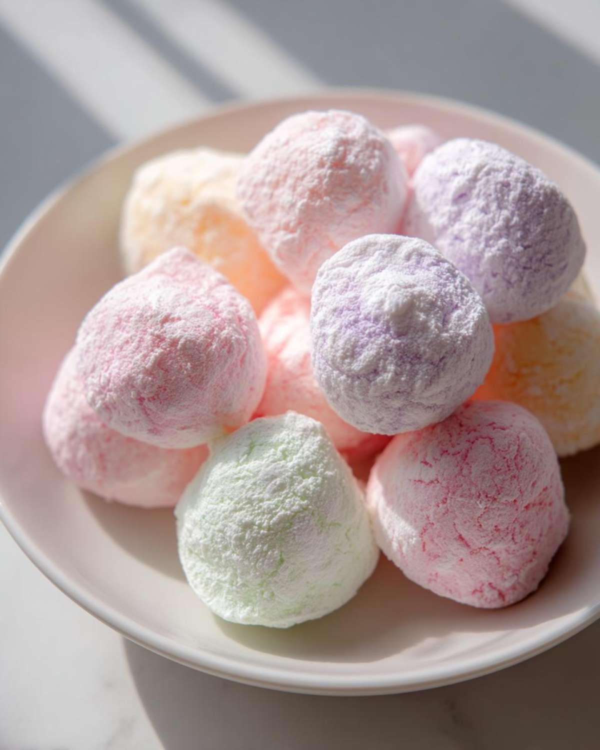A close-up of pastel colored cream cheese mints in pink, purple, and green, piled on a white plate.