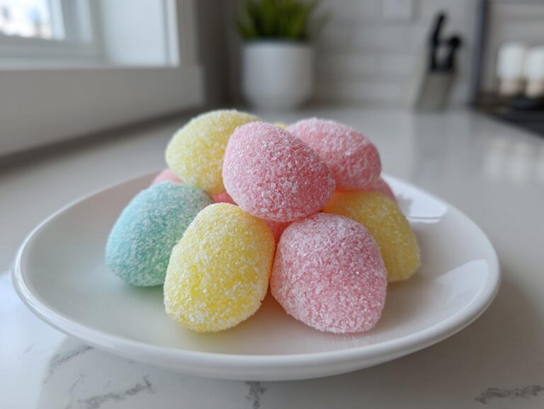 A pile of pastel-colored cream cheese mints in egg shapes, dusted with sugar.