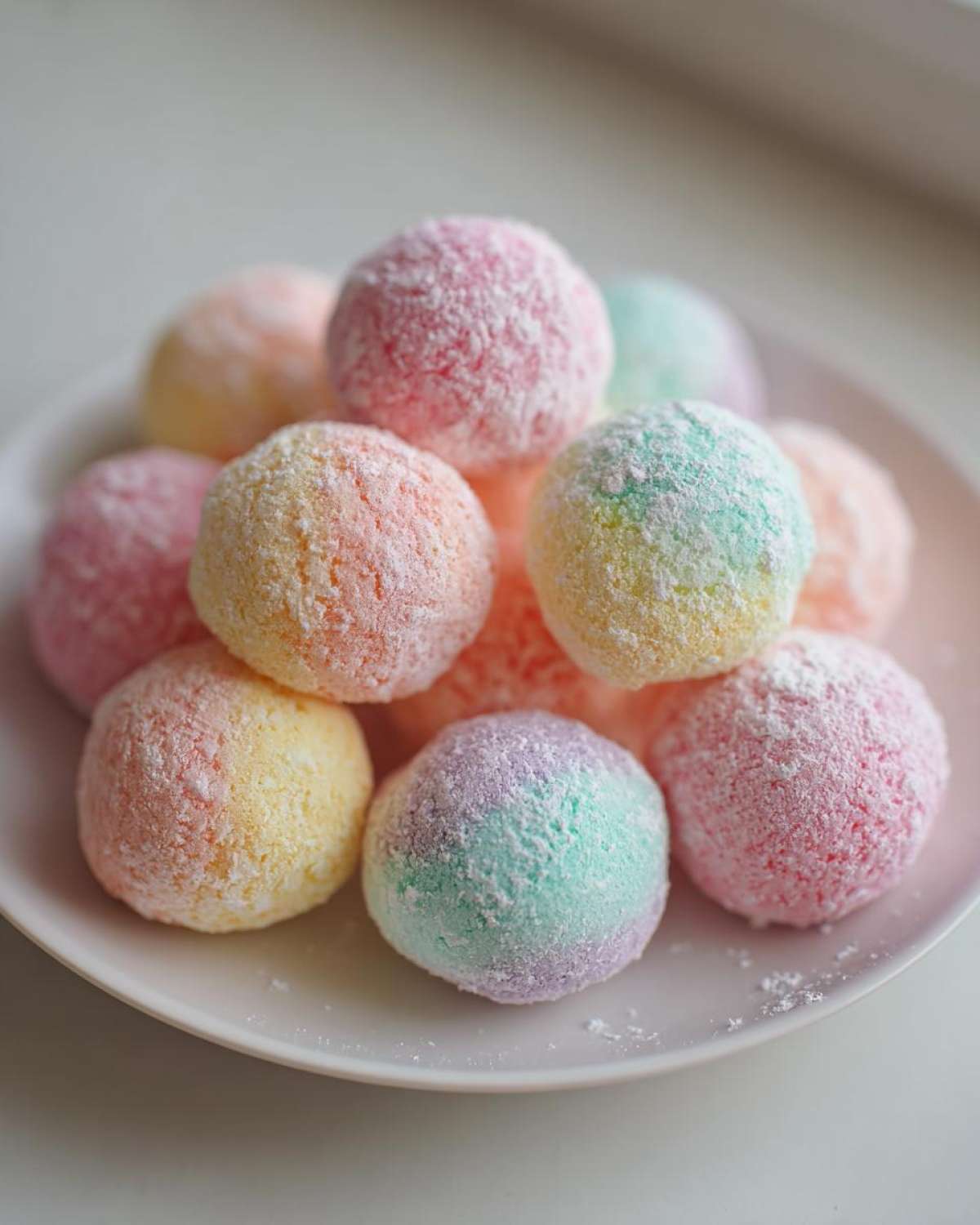 A pile of pastel-colored cream cheese mints dusted with powdered sugar on a white plate.