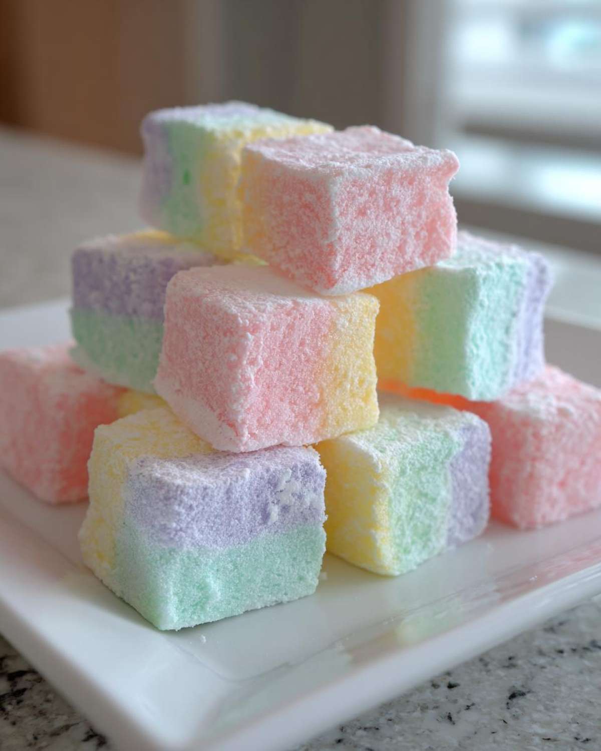 A stack of pastel-colored cream cheese mints, dusted with powdered sugar, on a white plate.