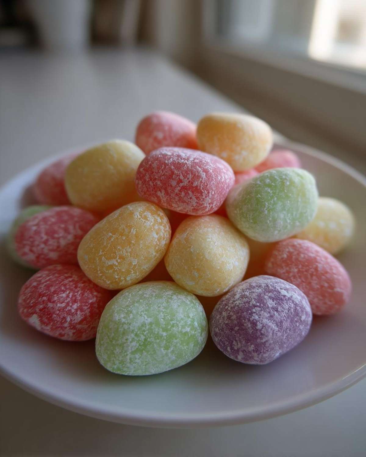A pile of colorful cream cheese mints in pastel shades of pink, yellow, green, and purple.