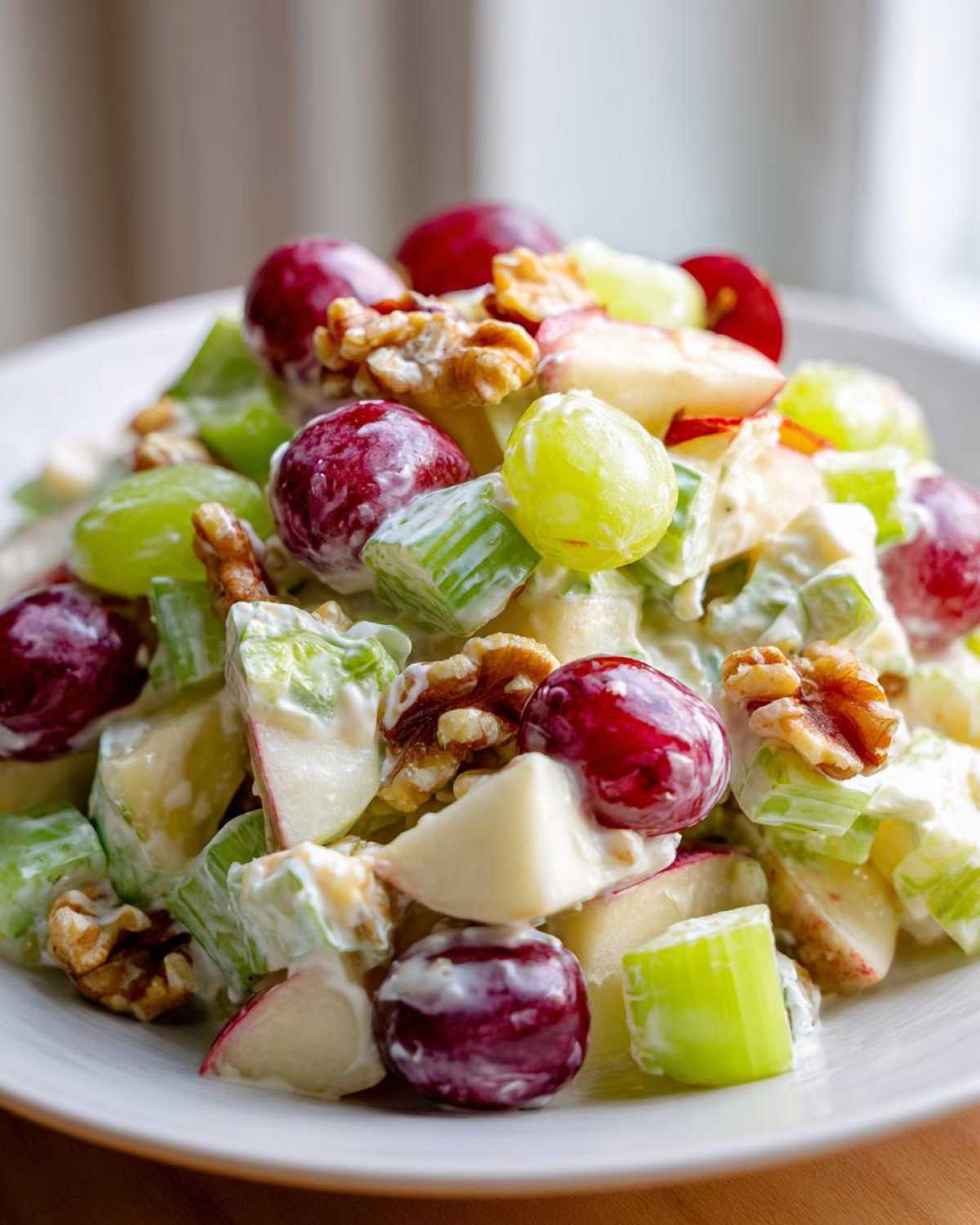 Close-up of a creamy apple salad featuring apples, grapes, celery, and walnuts.