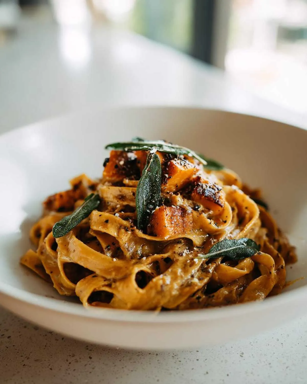 A close-up of creamy butternut squash pasta topped with roasted butternut squash and fresh sage leaves.