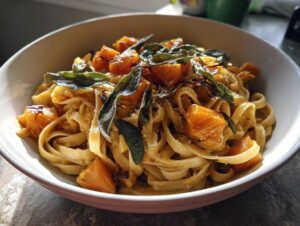 A close-up of creamy butternut squash pasta topped with crispy sage leaves and roasted squash cubes.
