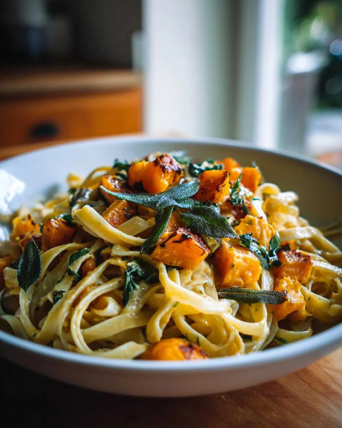 Close-up of creamy butternut squash pasta topped with roasted squash cubes and fresh sage leaves.