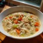 A close-up of a bowl of creamy chicken and rice soup, filled with shredded chicken, rice, carrots, and celery, garnished with fresh herbs.