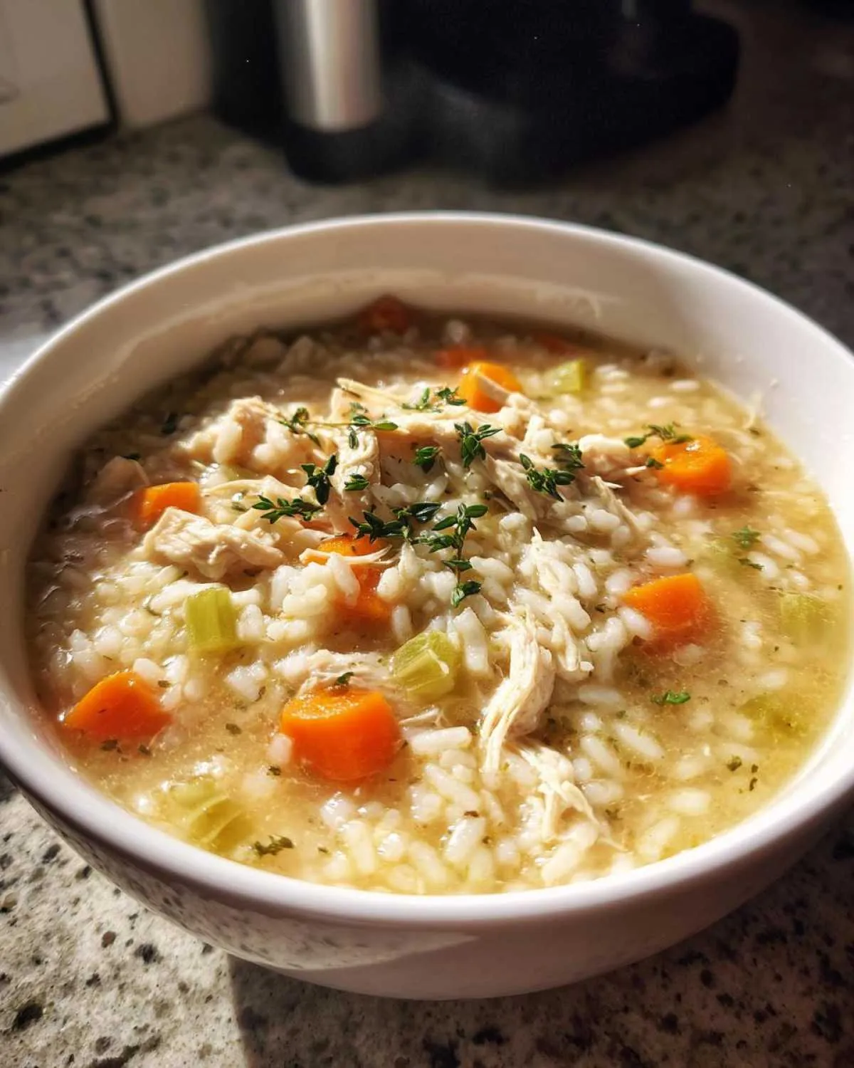 A close-up of a bowl of creamy chicken and rice soup, filled with shredded chicken, rice, carrots, and celery, garnished with fresh herbs.