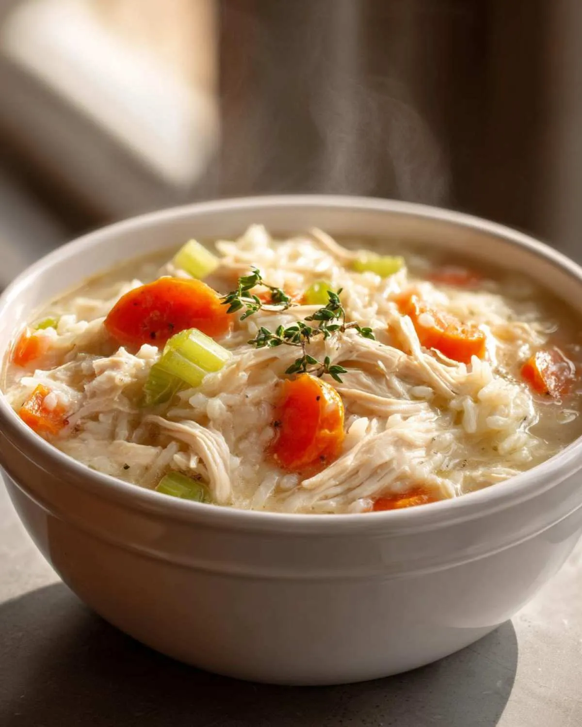 A close-up of a steaming bowl of creamy chicken and rice soup, filled with shredded chicken, rice, carrots, and celery, garnished with thyme.