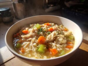 A steaming bowl of creamy chicken and rice soup with shredded chicken, carrots, celery, and herbs.