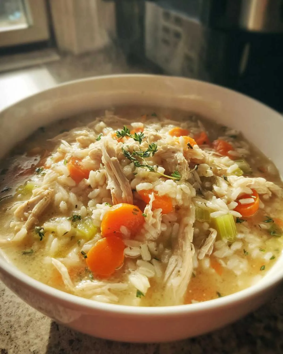 A close-up of a bowl of creamy chicken and rice soup, featuring shredded chicken, rice, carrots, celery, and a sprig of thyme.