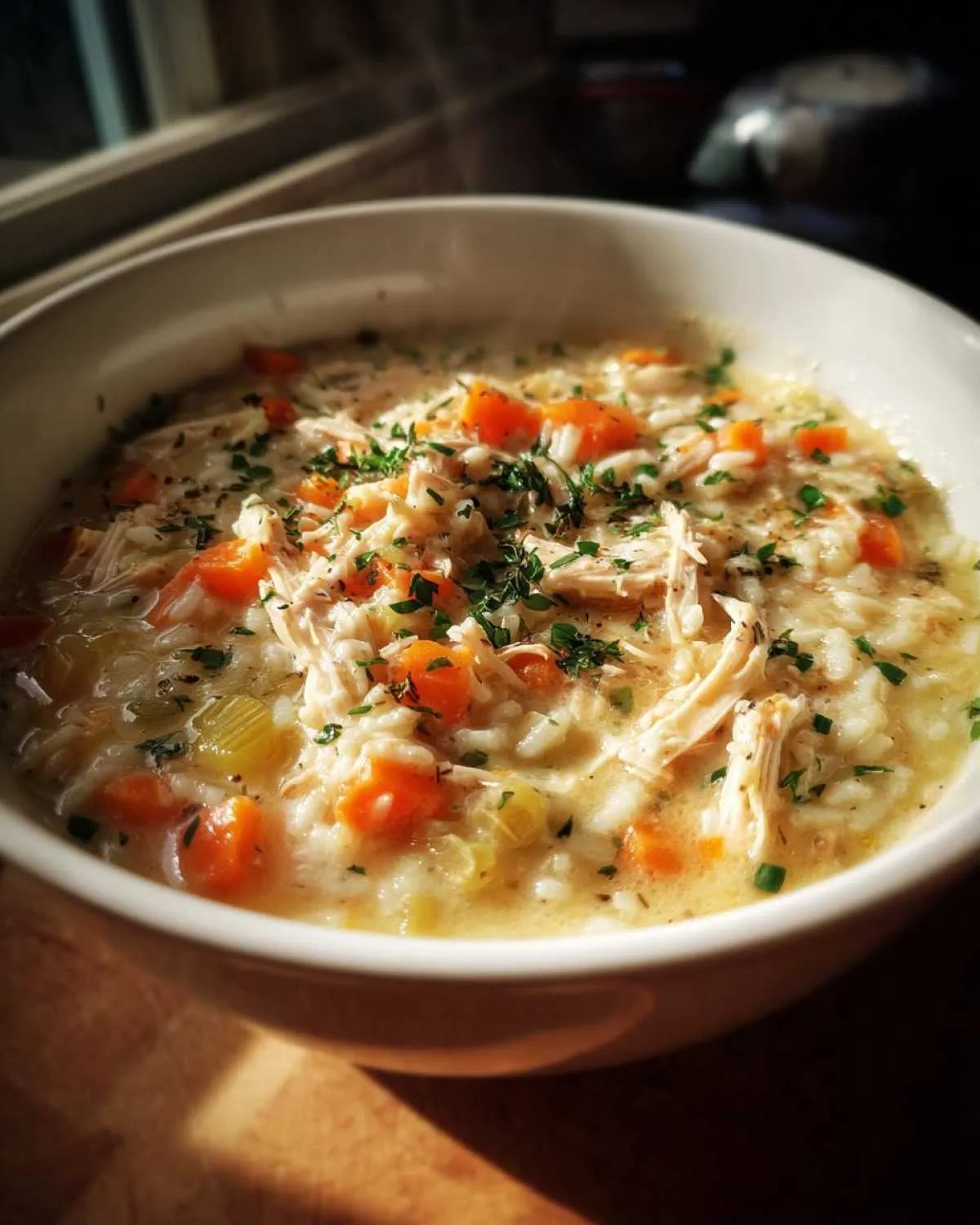 A close-up of a bowl of steaming creamy chicken and rice soup, filled with shredded chicken, rice, carrots, and celery, garnished with herbs.