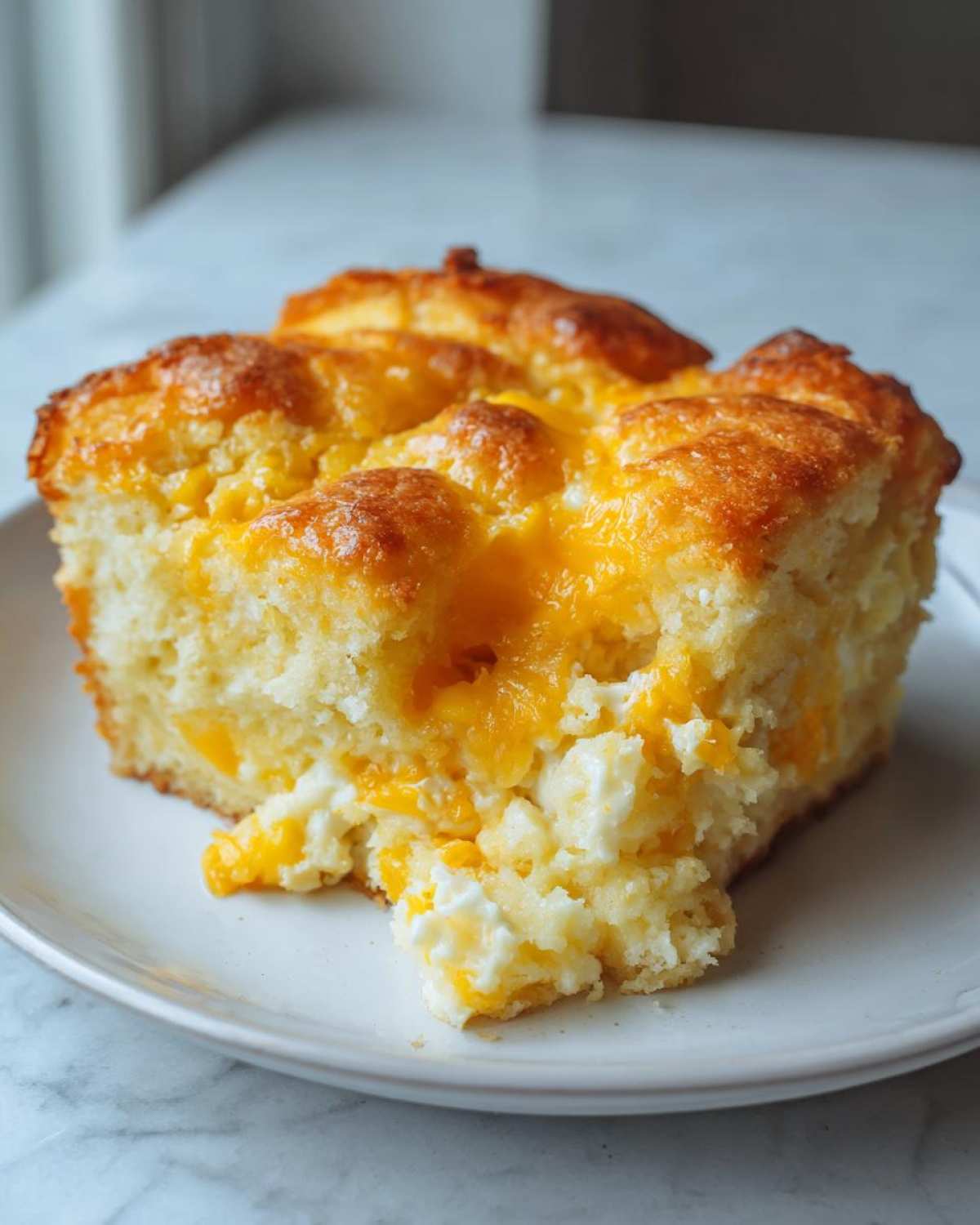 A close-up of a slice of creamy cornbread casserole topped with melted cheddar cheese on a white plate.