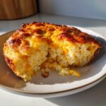 A close-up of a slice of creamy cornbread casserole with visible corn kernels and a golden-brown crust.