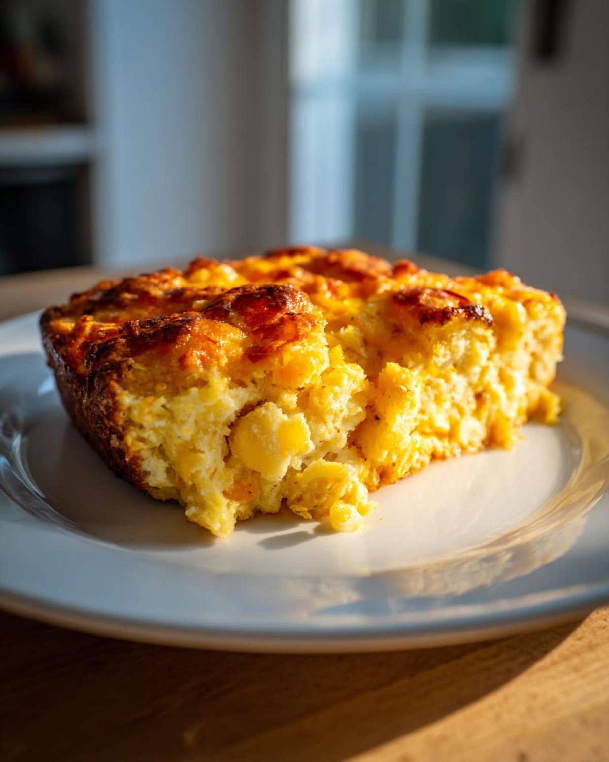 A close-up of a slice of creamy cornbread casserole with visible corn kernels and a golden-brown cheesy top.