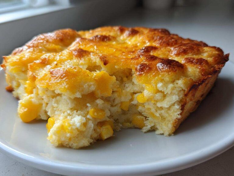 A close-up of a slice of creamy cornbread casserole with visible corn kernels and melted golden cheese topping.