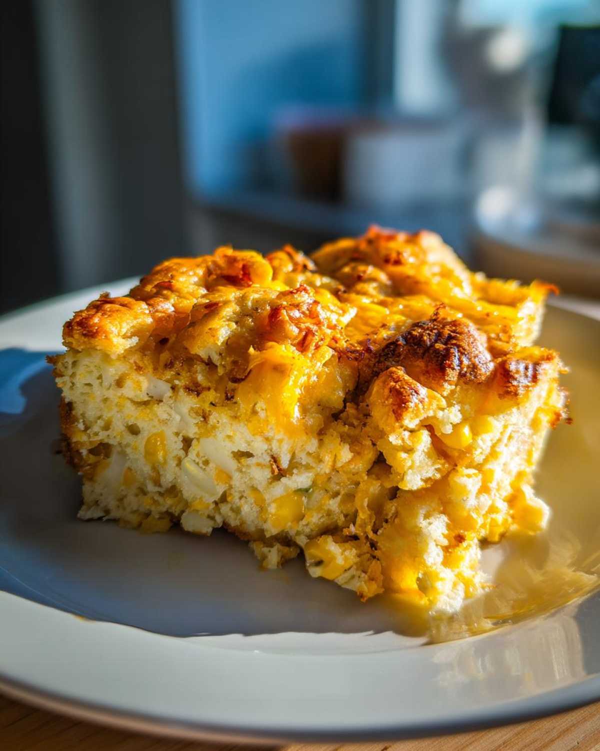 A delicious slice of creamy cornbread casserole topped with melted golden cheese, showcasing corn kernels.