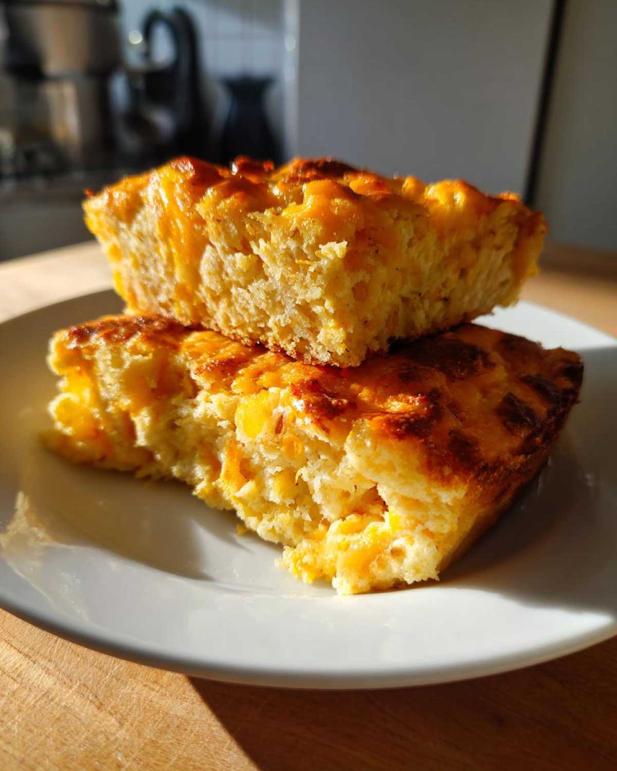 Two slices of creamy cornbread casserole stacked on a white plate, golden brown and cheesy.