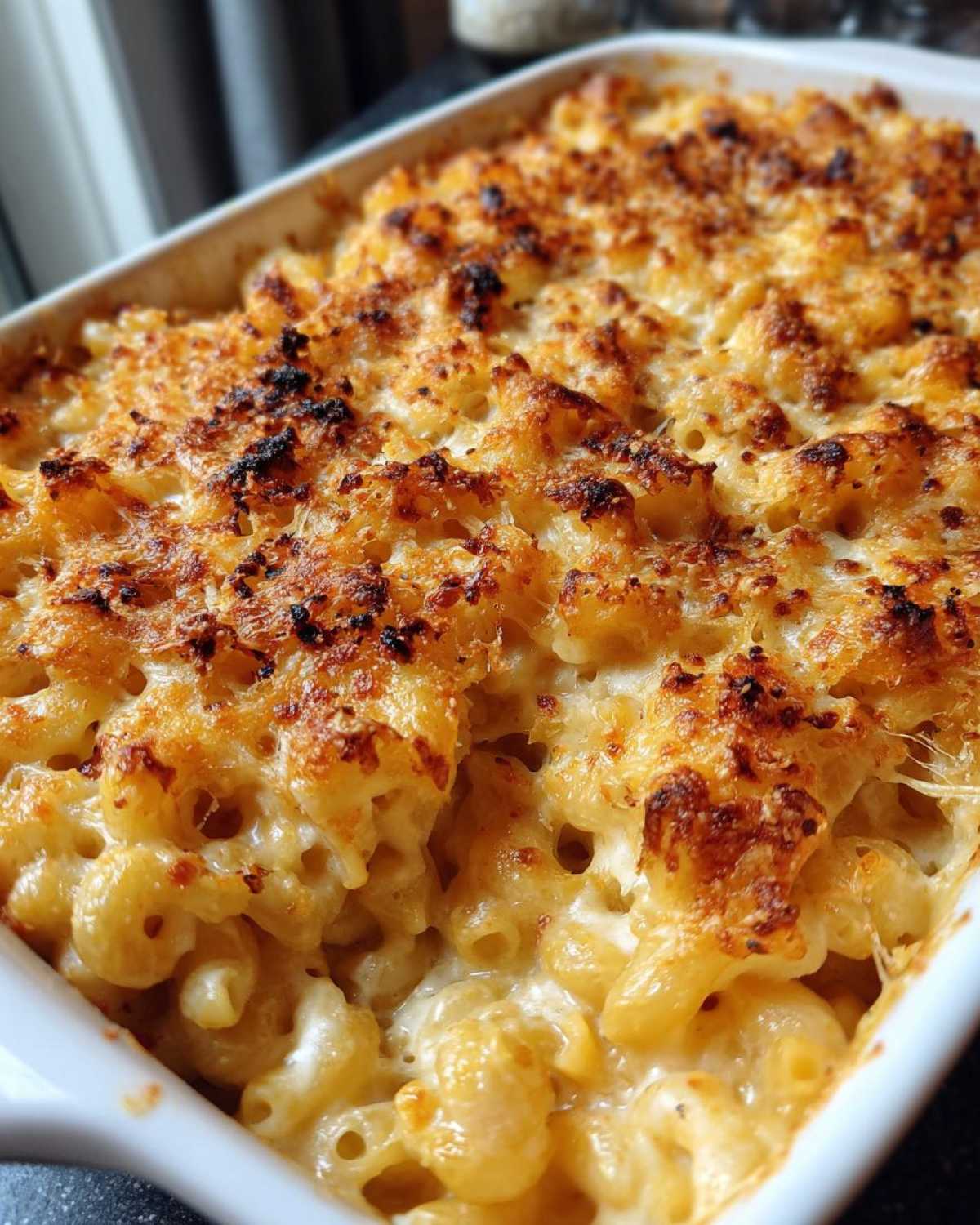 Close-up of a baking dish filled with ultra-creamy mac and cheese, topped with golden-brown crust.