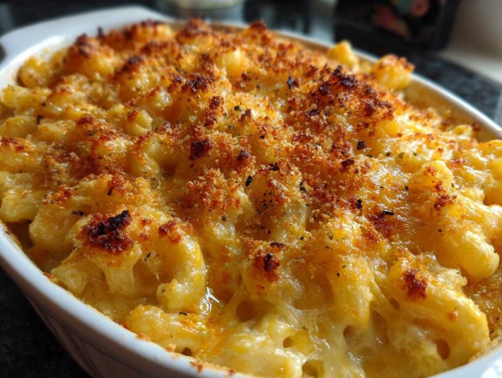 Close-up of a baking dish filled with ultra-creamy mac and cheese, topped with golden-brown breadcrumbs.