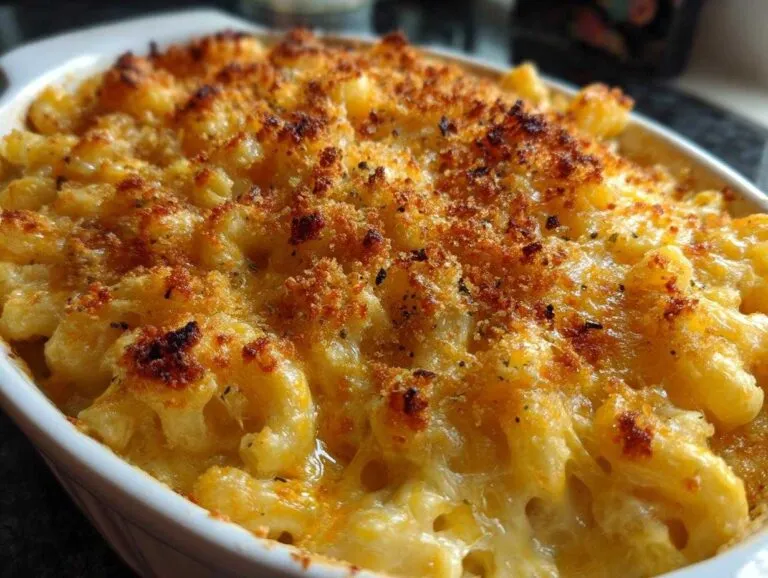 Close-up of a baking dish filled with ultra-creamy mac and cheese, topped with golden-brown breadcrumbs.