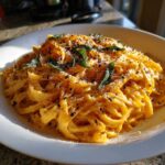 A close-up of creamy pumpkin pasta, topped with fresh sage leaves and cracked black pepper.