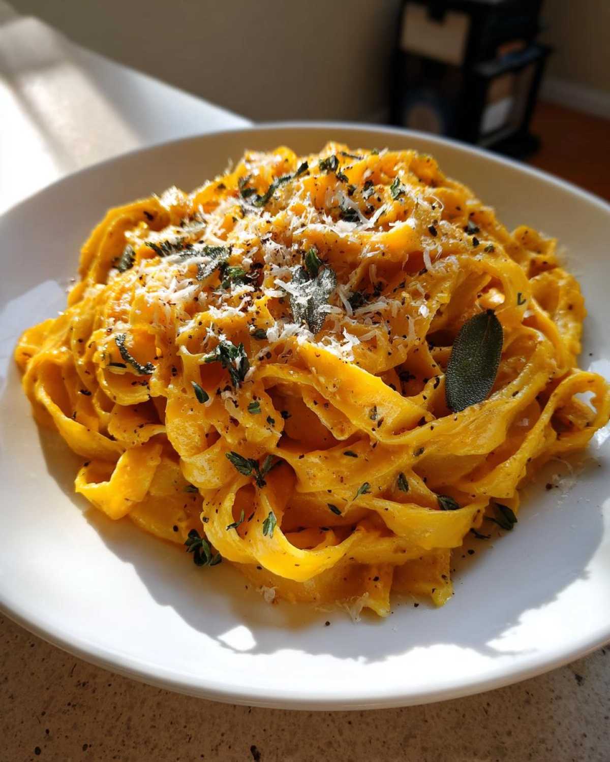 A close-up of creamy pumpkin pasta served on a white plate, topped with fresh sage, thyme, and grated Parmesan cheese.
