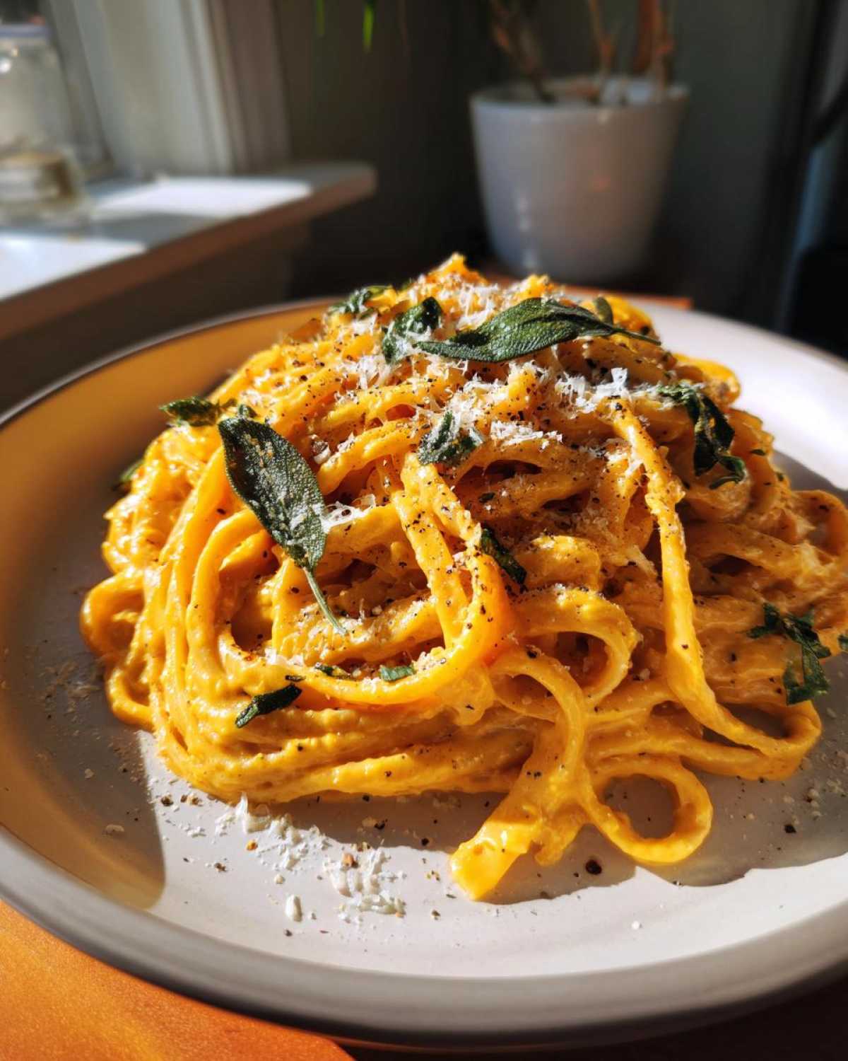 A close-up of a plate of creamy pumpkin pasta, garnished with fresh sage leaves and grated Parmesan cheese.