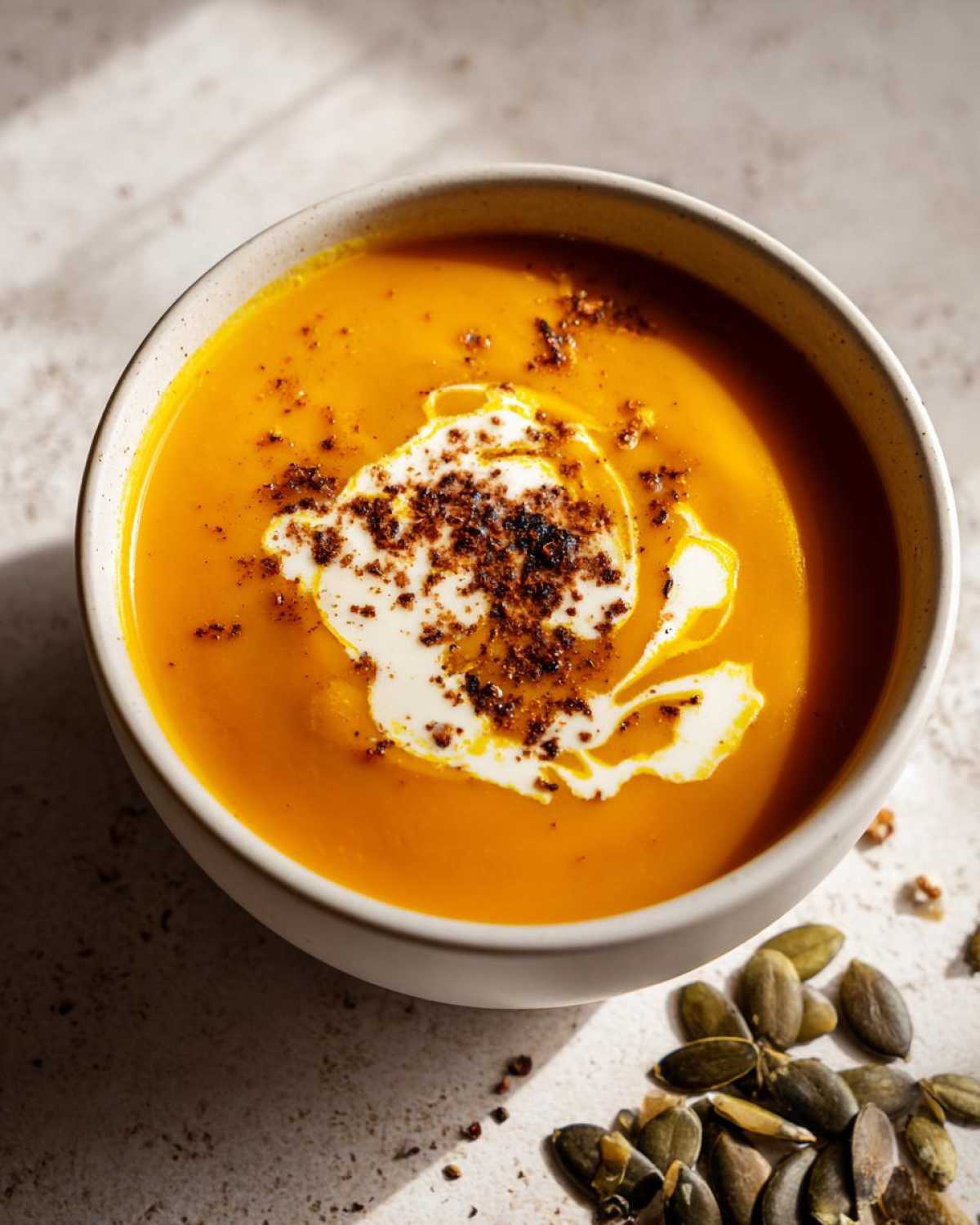 A bowl of creamy pumpkin soup topped with a swirl of cream and sprinkled with spices, next to pumpkin seeds.