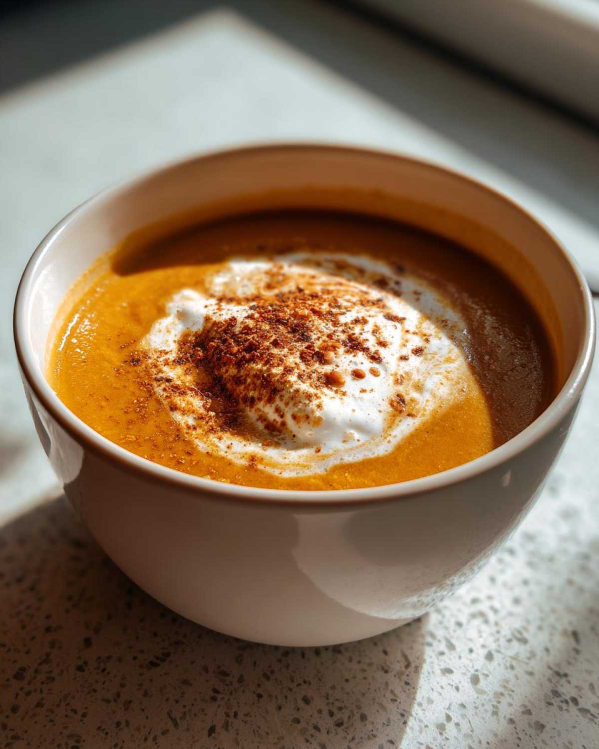 A close-up of a bowl of creamy pumpkin soup topped with a swirl of cream and a sprinkle of spices.