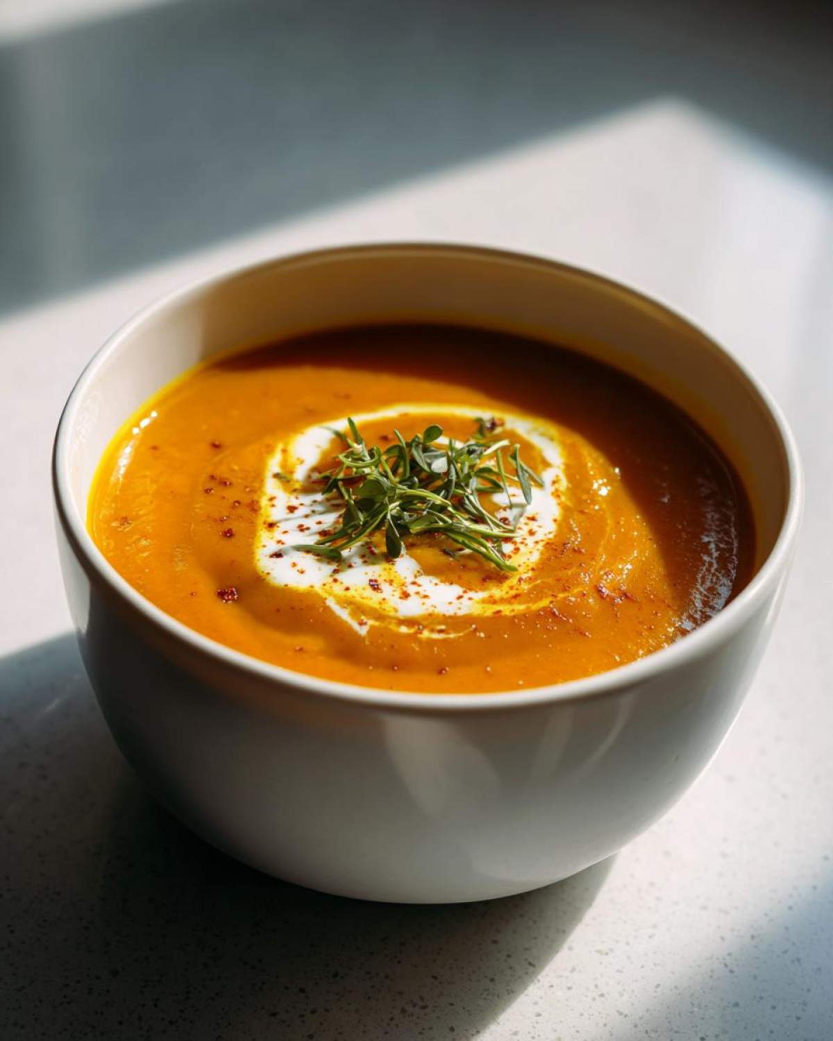 A bowl of creamy pumpkin soup topped with a swirl of cream, fresh herbs, and a sprinkle of paprika.