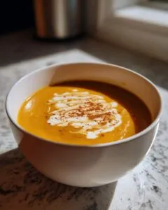 A bowl of creamy pumpkin soup topped with a swirl of cream and a sprinkle of cinnamon.