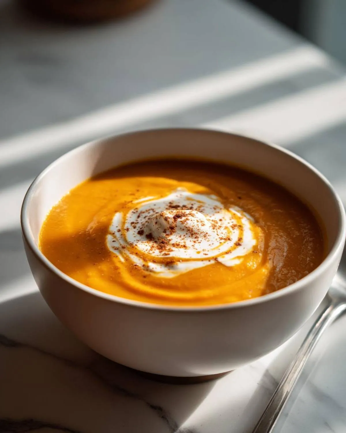 A bowl of creamy pumpkin soup topped with a swirl of cream and a sprinkle of spice.